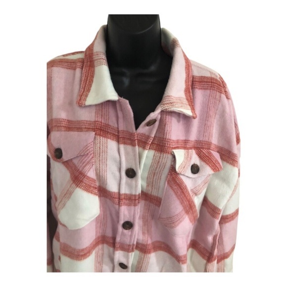 Kensie pink white colorblock plaid fleece flannel look button down shacket Large - Picture 6 of 16